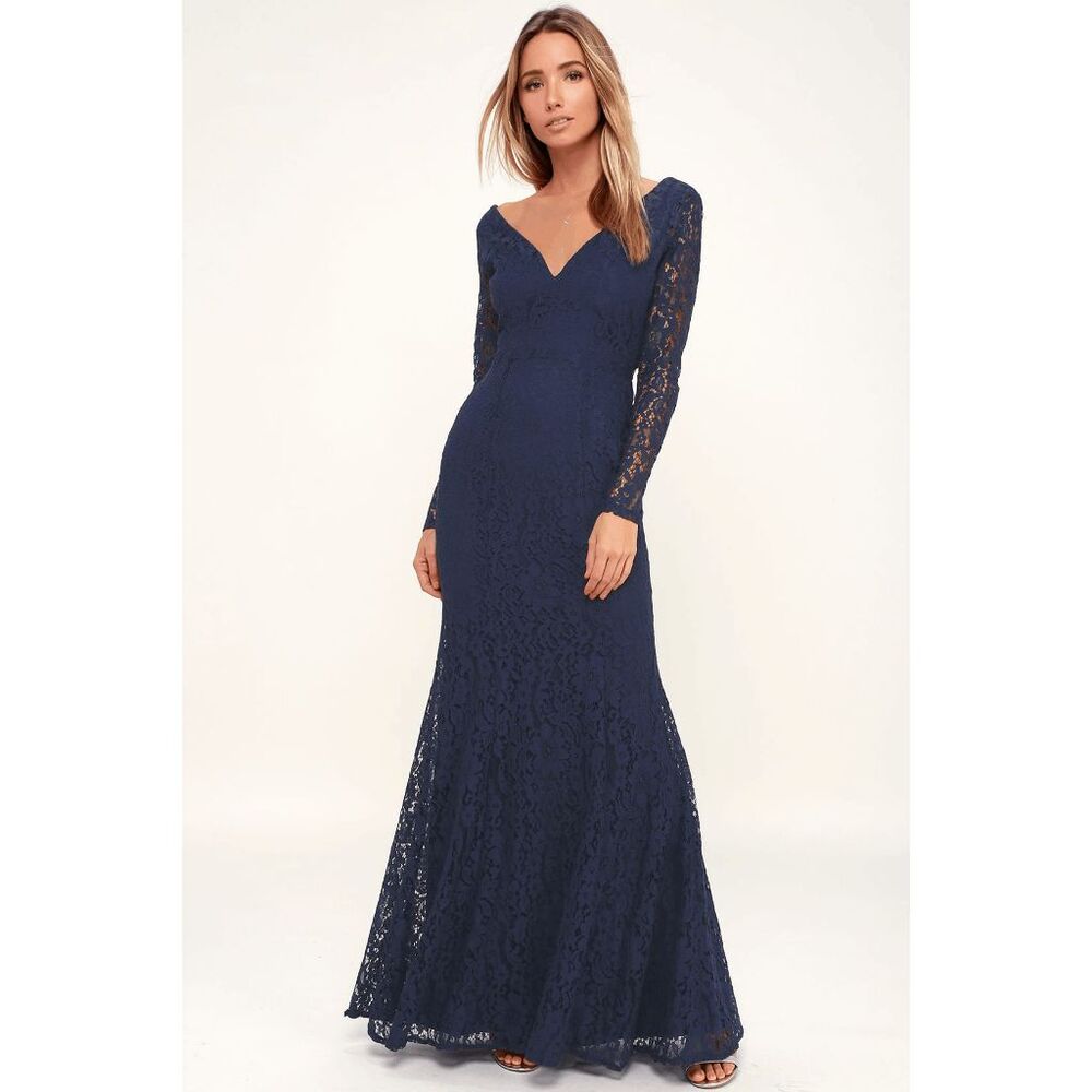 Lulus Natural Beauty Navy Blue‎ Lace Long Sleeve Maxi Dress Size XS